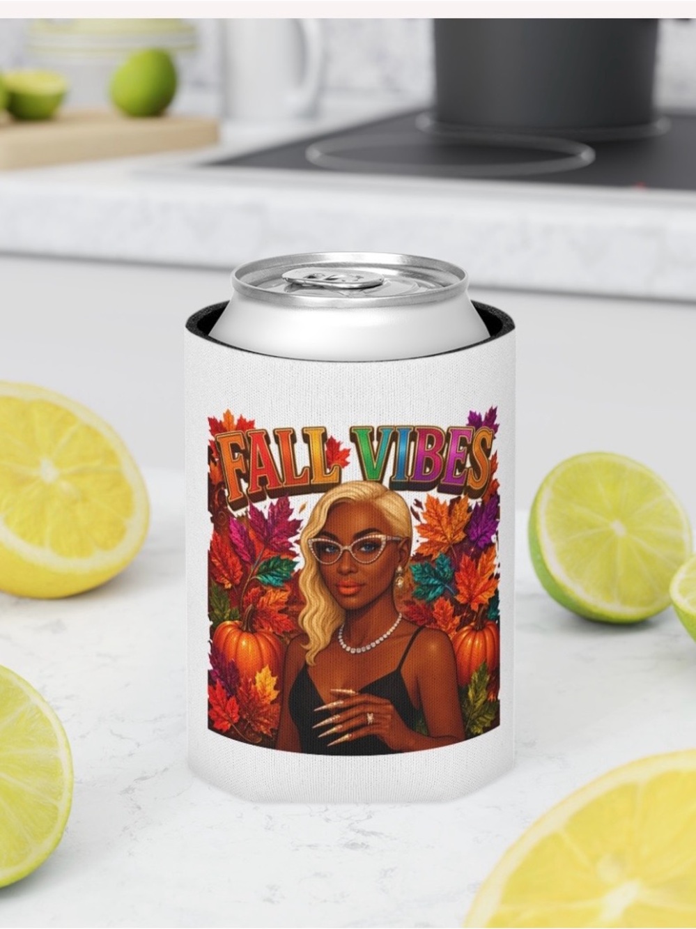 Fall Vibes Can Cooler – White Autumn Drink Koozie